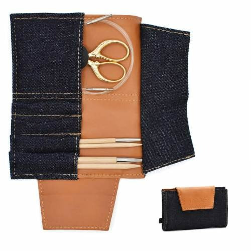 Lykke Weekender Small Knitting Needle Case - Denim & Vegan Leather