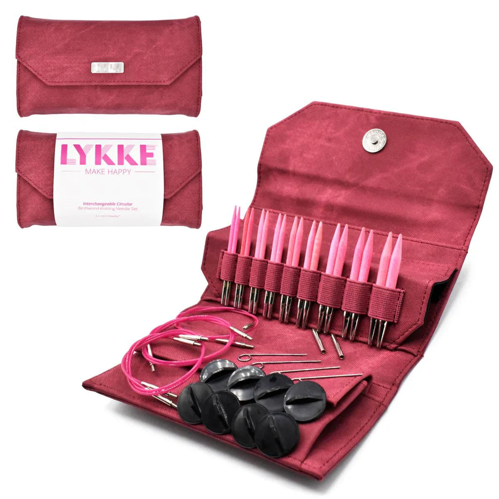Lykke 3.5" IC Birchwood Knitting Needle Set - BLUSH / Crimson Denim Case