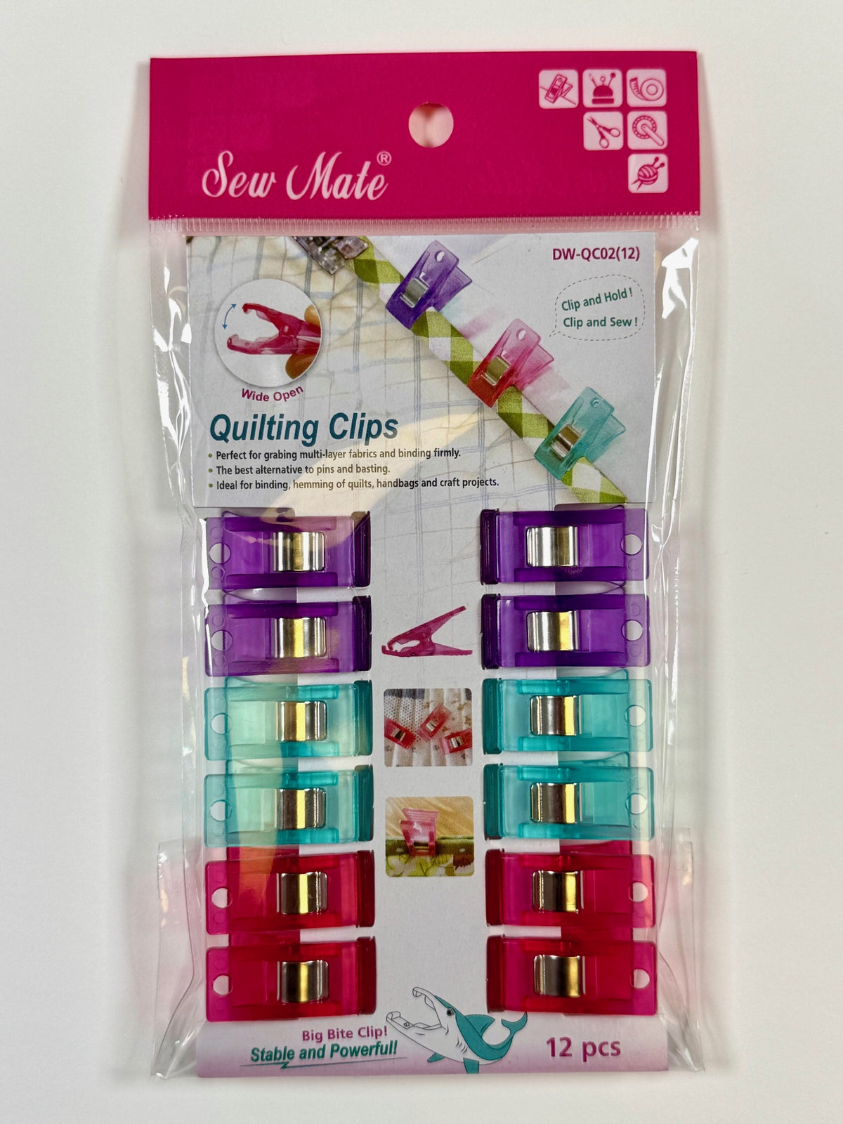 Sew Mate Super Quilt Clips, Pink, Blue & Purple, 12pc. (4 Per Colour)